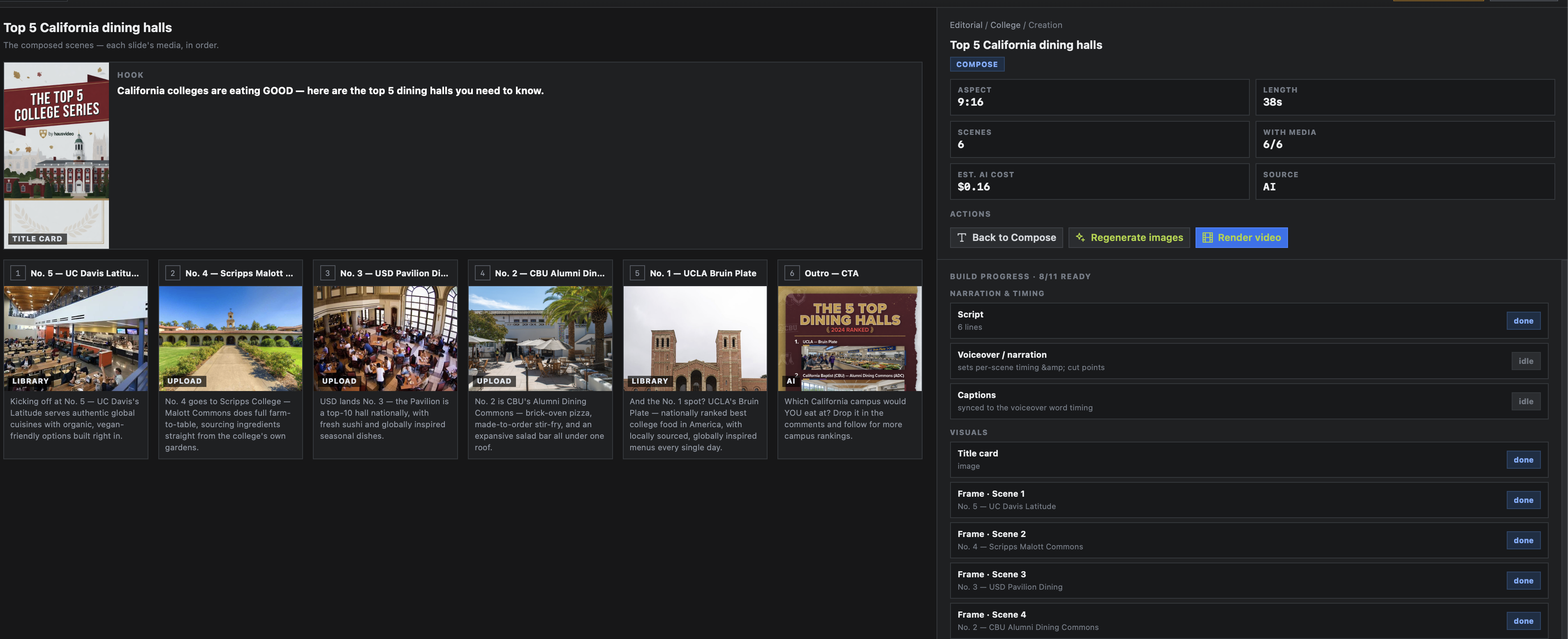Creation review page showing composed scenes, build progress, and render actions for the dining halls topic.
