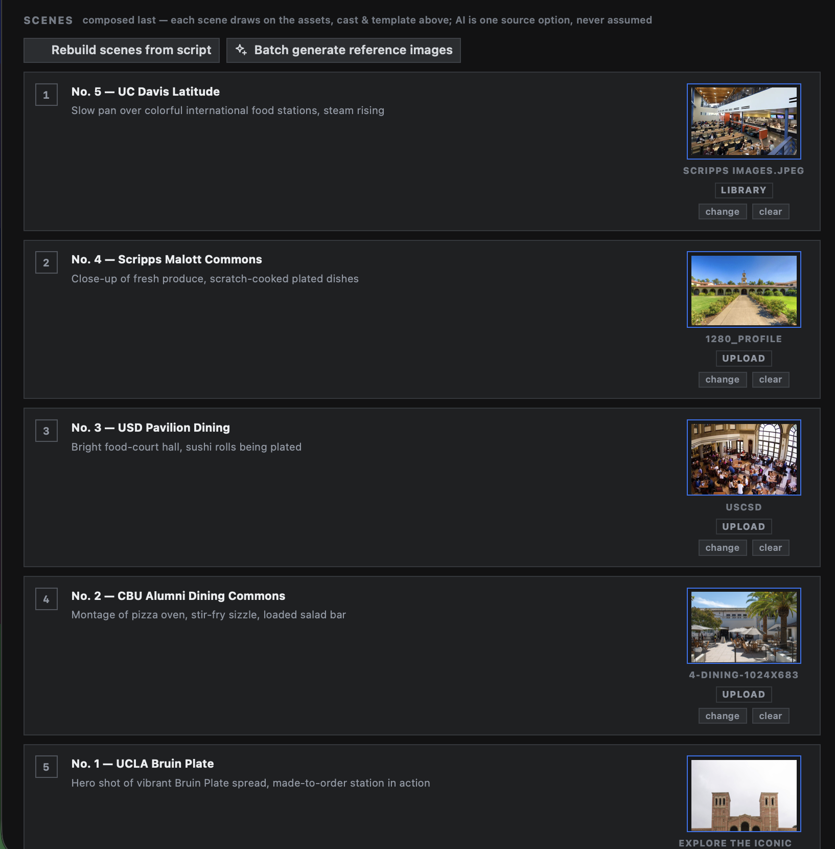 Scene list with scene descriptions and media source assignments for each editorial slide.
