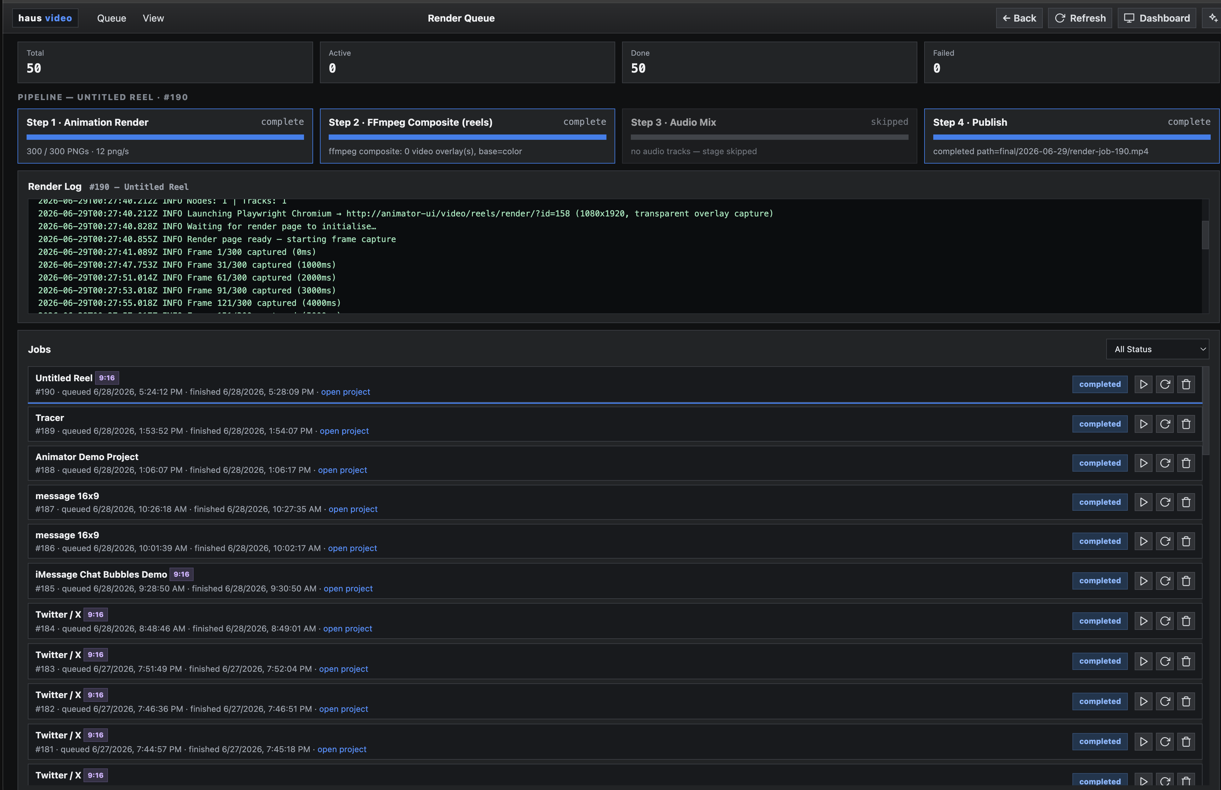 Render queue showing active and completed jobs